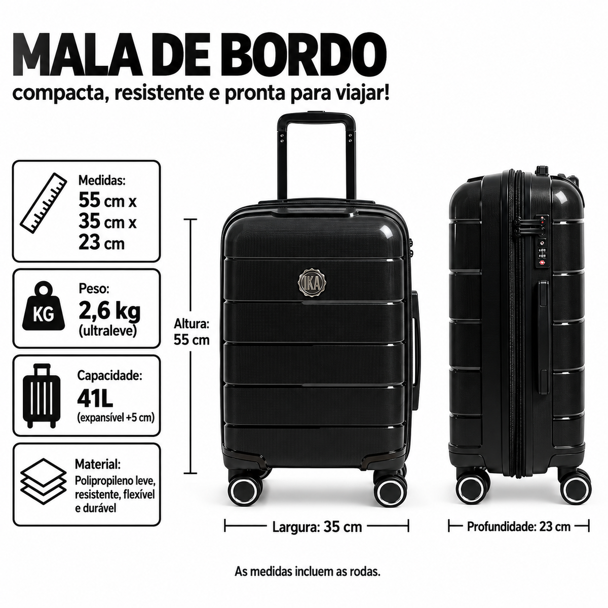 Mala De Viagem Pequena De Bordo 10 kg Polipropileno Sammy Preta