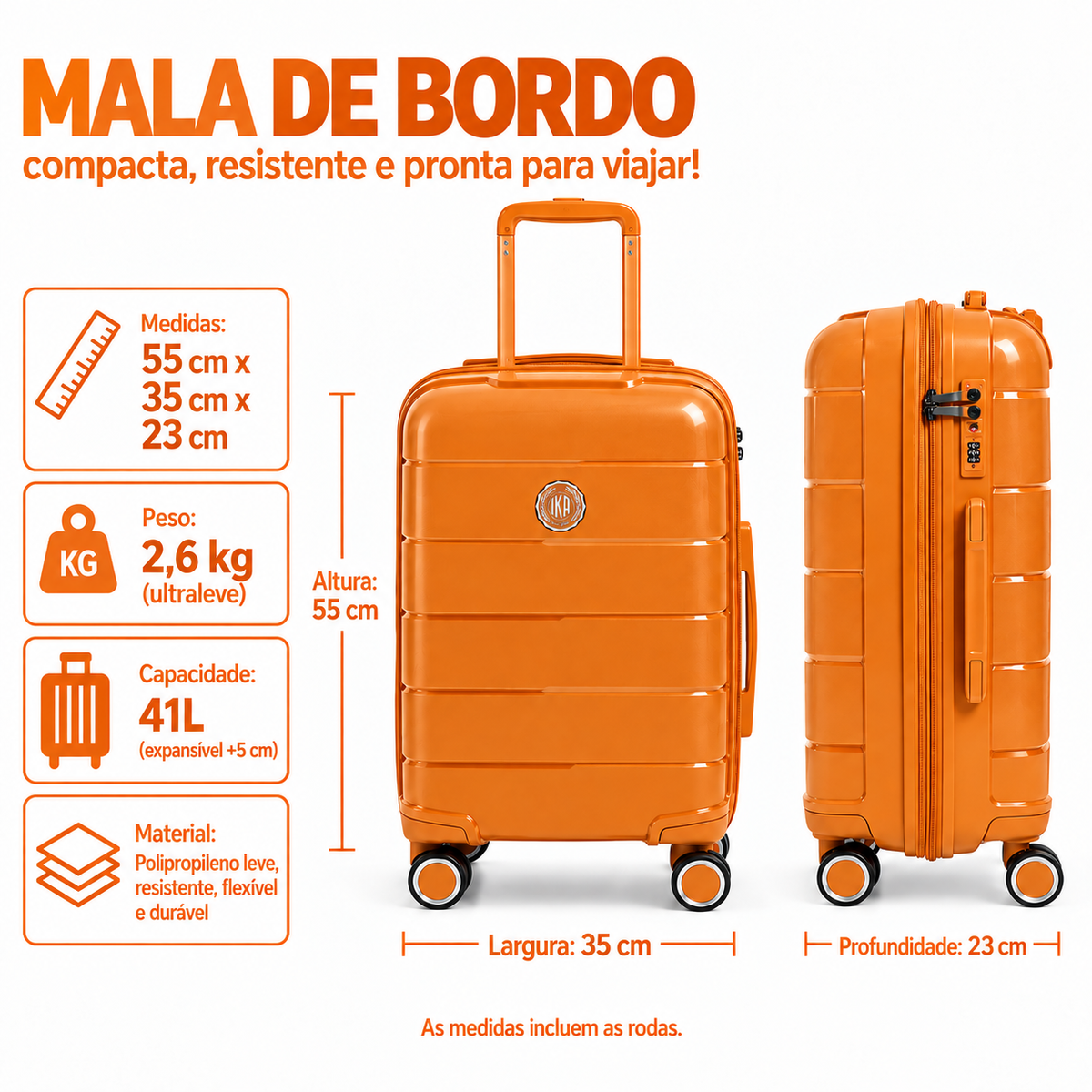 Mala De Viagem Pequena De Bordo 10 kg Polipropileno Sammy Laranja