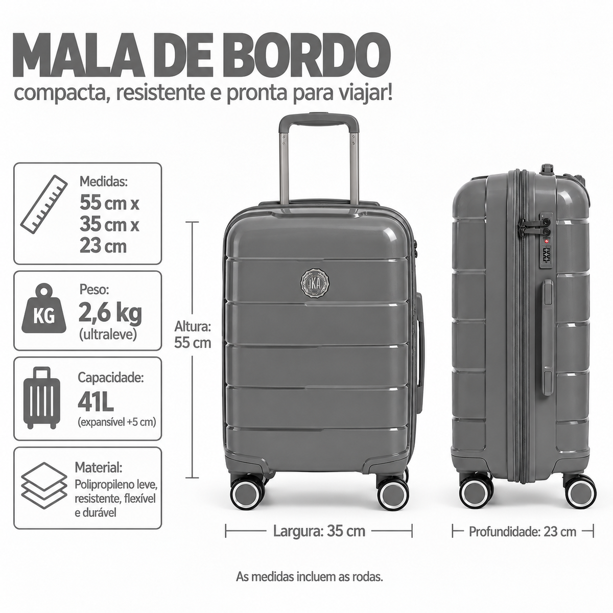 Mala De Viagem Pequena De Bordo 10 kg Polipropileno Sammy Cinza