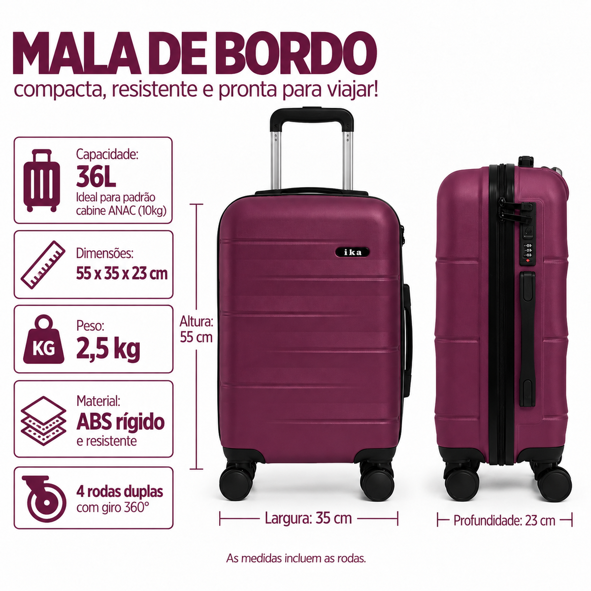Mala De Viagem Pequena De Bordo 10 Kg ABS Venkon Roxa