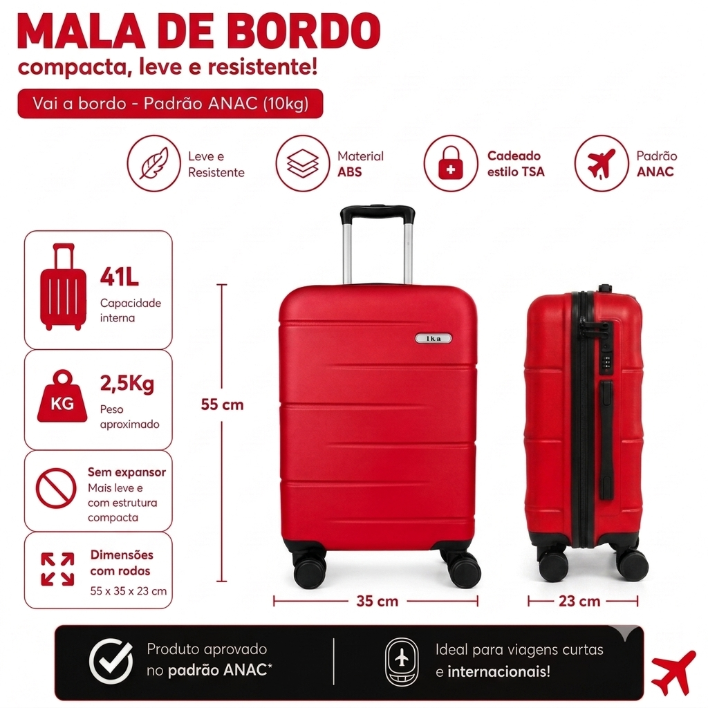 Mala De Viagem Pequena De Bordo 10 Kg ABS Venkon Vermelha