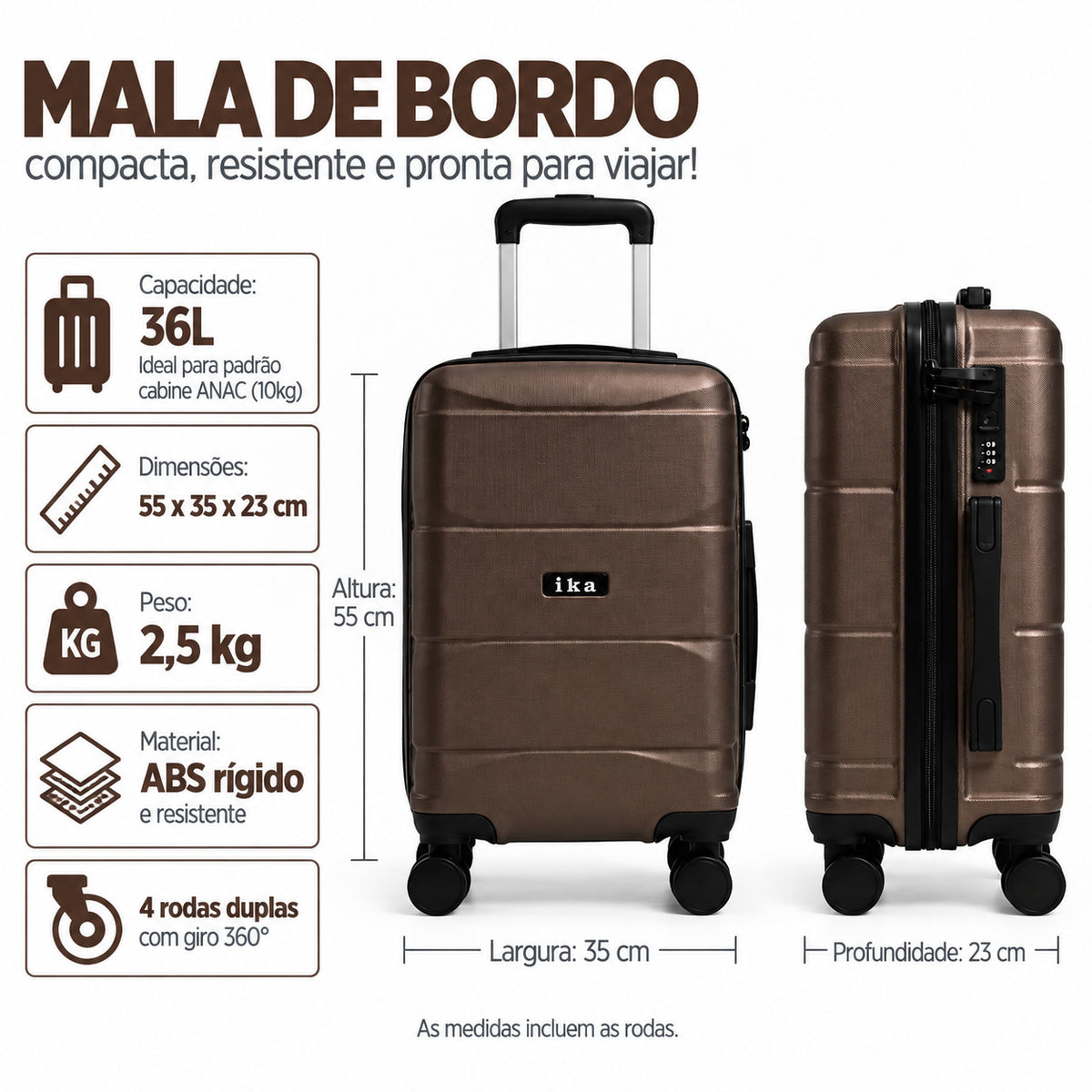 Mala De Viagem Pequena De Bordo 10 Kg ABS Equipage Coffee