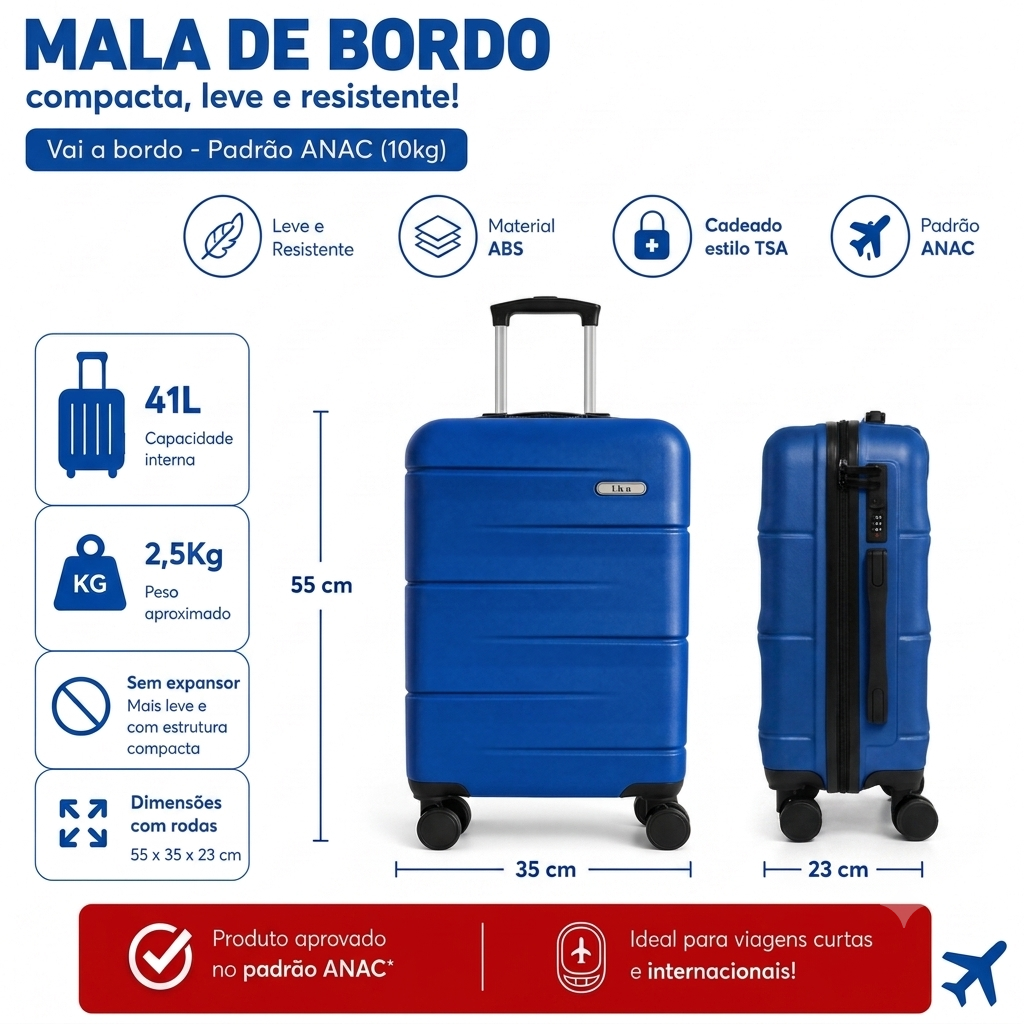 Mala De Viagem Pequena De Bordo 10 Kg ABS Venkon Azul