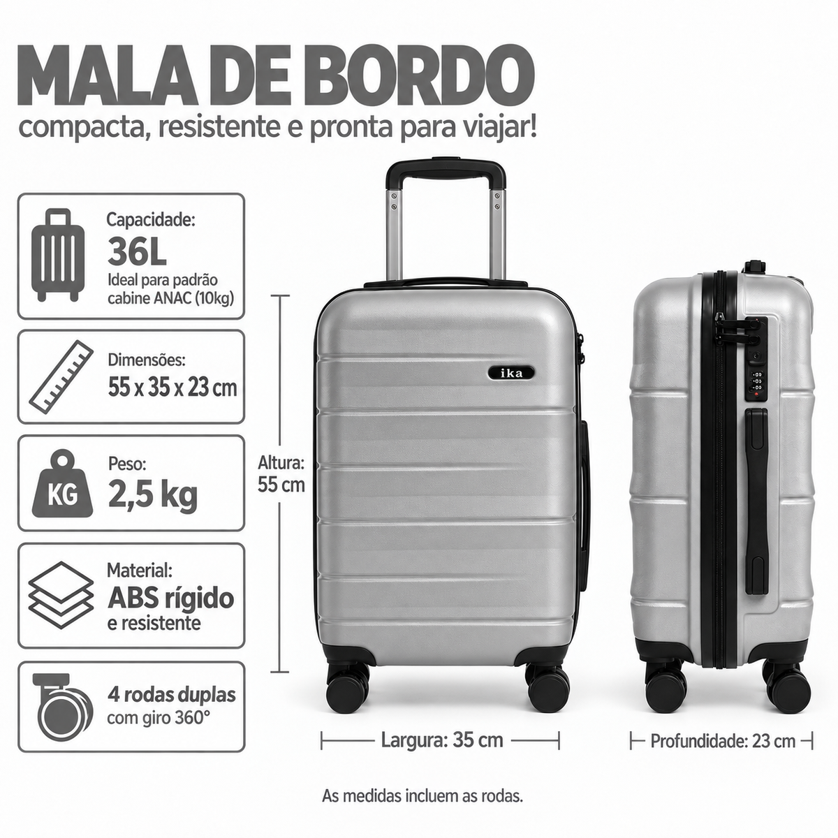 Mala De Viagem Pequena De Bordo 10 Kg ABS Venkon Cinza